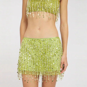 Summer Women's Clothing Popular Sexy Tassel <strong>Sequins</strong> <strong>Crop</strong>-<strong>Top</strong> Spaghetti-Strap Mid-Length Dress Set - Product Image 3