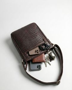 Sac messager en cuir de crocodile pour homme, marron foncé, avec fermeture éclair, bandoulière, sac à bandoulière durable - Product Image 5