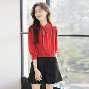 Women's Red Satin Blouse Long Sleeve Wrap Tie Office Shirt Solid Color Polyester Q9974 - Product Image 1