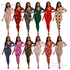 Onesie Natal Hijau Grosir Bodycon Seksi Wanita Natal Onesie Dewasa Jumpsuit Satu Potong Piyama Natal Wanita