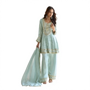 Ensemble de luxe bleu poudré : Kurti court à imprimé floral et œillets, richement orné de broderies miroir, pantalon palazzo large et dupatta - Product Image 1