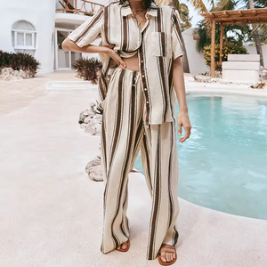 Set Estivo da Donna in 100% Cotone, 2 Pezzi con Camicia a <span class=keywords><strong>Righe</strong></span> e <span class=keywords><strong>Pantaloni</strong></span> con Stampa Digitale in <span class=keywords><strong>Lino</strong></span> - Product Image 1