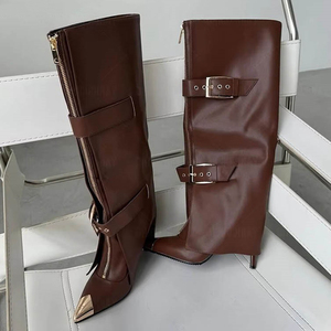 Women's Metal Pointed Toe Knee High <b>Boots</b> Ladies Buckles High Heels Overlay Shoes Front Zipper Pants Long Booties - Product Image 5