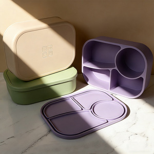 Silicone Divided <b>Lunch</b> <b>Box</b> Rectangle With Compartments Microwaveable Large Capacity Plastic Lid Solid Color - Product Image 4