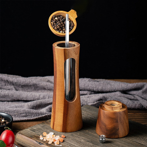 Ensemble de salières et poivrières en céramique réglables avec moulin à poivre manuel en bois d'acacia et plateau, livré dans une boîte personnalisée pour usage en restaurant - Product Image 6