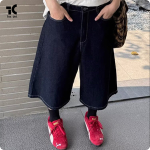 <span class=keywords><strong>Jeans</strong></span> Estivi Americani Retrò Unisex con Ricamo di Lettere e Pannelli a Quadri, Stile Designer, Gamba Dritta, in Denim Intrecciato, Taglio Corto - Product Image 5