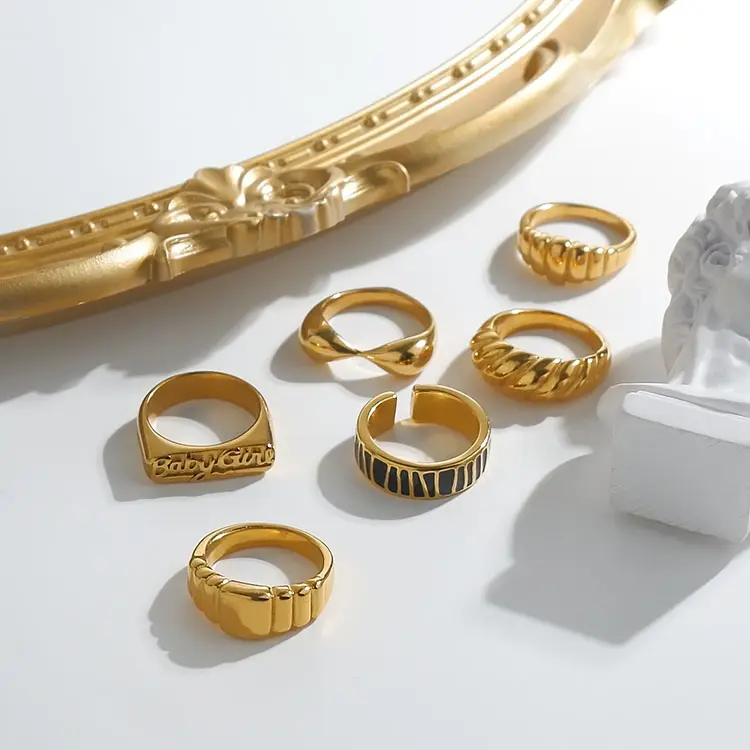 Cincin Baja Tahan Karat Wanita, Perhiasan Trendi 18 K Lapis Emas Tidak Pudar