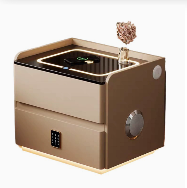 Modern Luxury Wood Safe Floating Smart Bedside Table with LED Light and Charger Speaker Nightstand for Bedroom Home