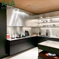 Meubles de cuisine industriels modernes en bois, panneaux MDF, unités de base noires, robinet extractible, évier fait main, résistant à l'eau, écologique