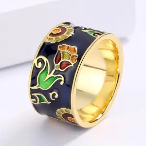 Enamel Jewelry Ring KYRA01700 Premium Retro Black Enamel Gold Flower Ring For Women