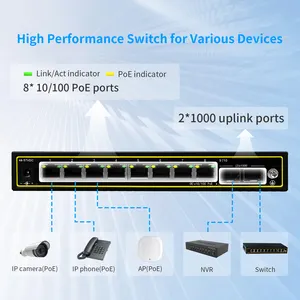 منافذ تحويل متصلة غير منظم CVT جيجا بايت 2 * 1000M منافذ SFP محور تبديل 10 منافذ تبديل PoE ذكي جيجا بايت كامل