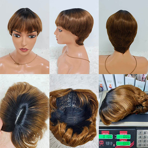 Promoción 9.5$ Letsfly Pelucas Cortas de Encaje con Base de Seda 1x3 con Flequillo 4 #   Venta al por Mayor de Cabello Humano Natural, Pelucas de Cabello Virgen con Corte Pixie - Product Image 4