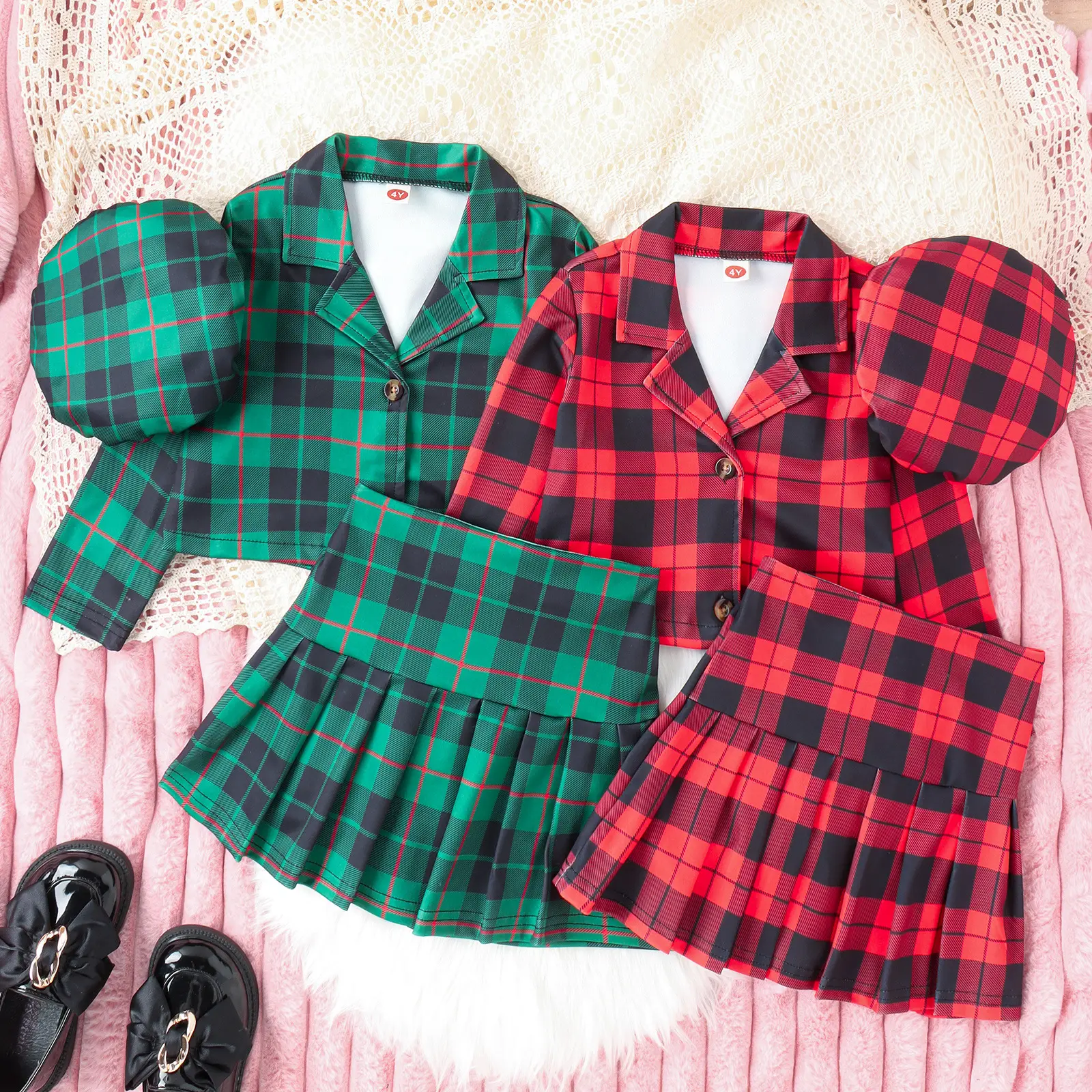 2024 new girls red green plaid christmas clothes set kids long sleeve jacket ruffle skirt hat 3pcs fashion suit