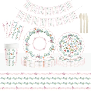 DAMAI - Juego de Platos de Papel Desechables Personalizados con Tema de Flores Rosas y Verdes para Fiesta de Té de Primavera, Decoración con Tema de Fiesta de Té - Product Image 2