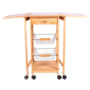 Bamboo Vegetable Food Rack Storage Serving Rolling Cart Organizer With Drawer and Wheels Wooden Kitchen Trolley