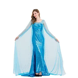 Robe Elsa de luxe à paillettes pour fête d'anniversaire, de qualité et bon marché, longue robe Frozen avec accessoires pour femmes
