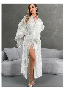 Jubah mandi beludru panjang wanita, pakaian tidur nyaman lembut dengan lengan panjang dan sabuk seksi untuk pengantin warna polos - Product Image 5