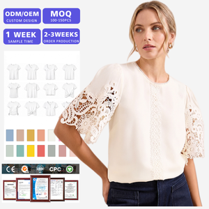Blusa de Encaje con Logotipo Personalizado para Mujer, Manga Corta, Bordada, Top de Verano, Fabricante Mayorista OEM ODM - Product Image 1