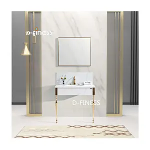 90厘米S.S.金色独立腿大理石顶部浴室梳妆台下陶瓷面盆柜，带方形镜子