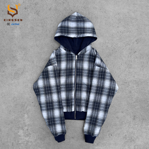 Sweat-shirt à capuche pour homme en flanelle personnalisée, confortable, à carreaux, rétro, délavé, double couche, double fermeture éclair - Product Image 4