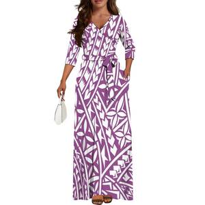 Yeni özelleştirilmiş Fiji Tonga polinezya kabile baskı yüksek-bel kemeri uzun elbise bayanlar zarif yan cep V boyun abiye - Product Image 1