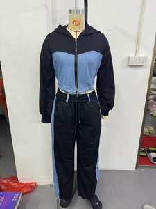 Bán Buôn Giá Logo Riêng Tùy Chỉnh Dài Tay 2Pcs Thời Trang Top + Quần Dài Chắp Vá Vải Denim Dây Kéo Phụ Nữ Quần Áo Set - Product Image 5