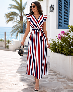 Abito da Donna Personalizzato, <span class=keywords><strong>Vestito</strong></span> Estivo Lungo <span class=keywords><strong>a</strong></span> <span class=keywords><strong>Righe</strong></span> Rosso <span class=keywords><strong>Bianco</strong></span> <span class=keywords><strong>Blu</strong></span> con Volant per Vacanze - Product Image 2