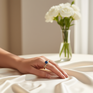 Classic 18K Gold Plated Natural Round Blue Gemstone Engagement Ring for Women with Diamond Accents and Prong Setting - Product Image 2