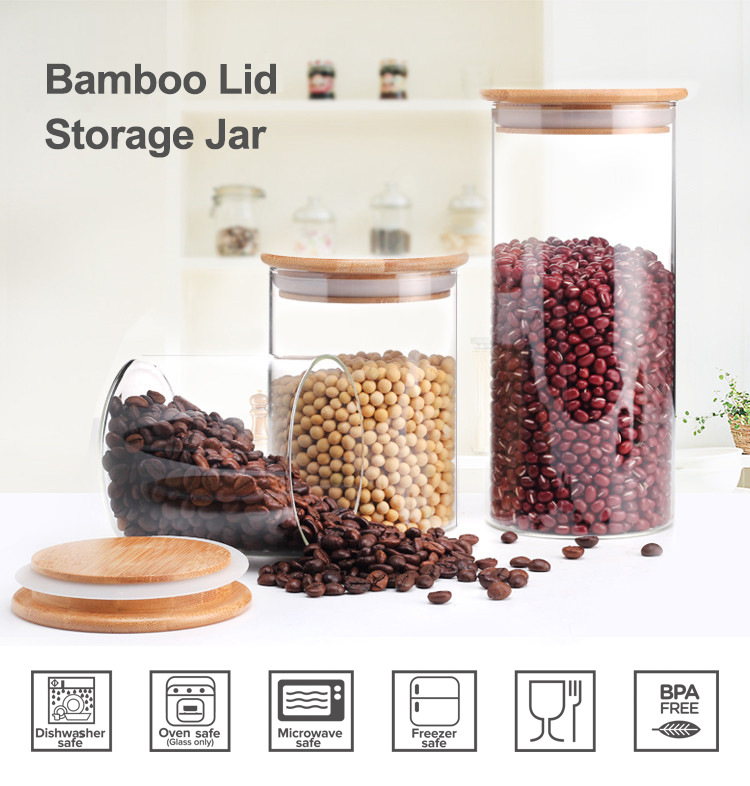 Transparent High Borosilicate Glass Eco-Friendly Storage Jar Bottle Bamboo Lid Silicone Ring for Kitchen Restaurant Desktop Use