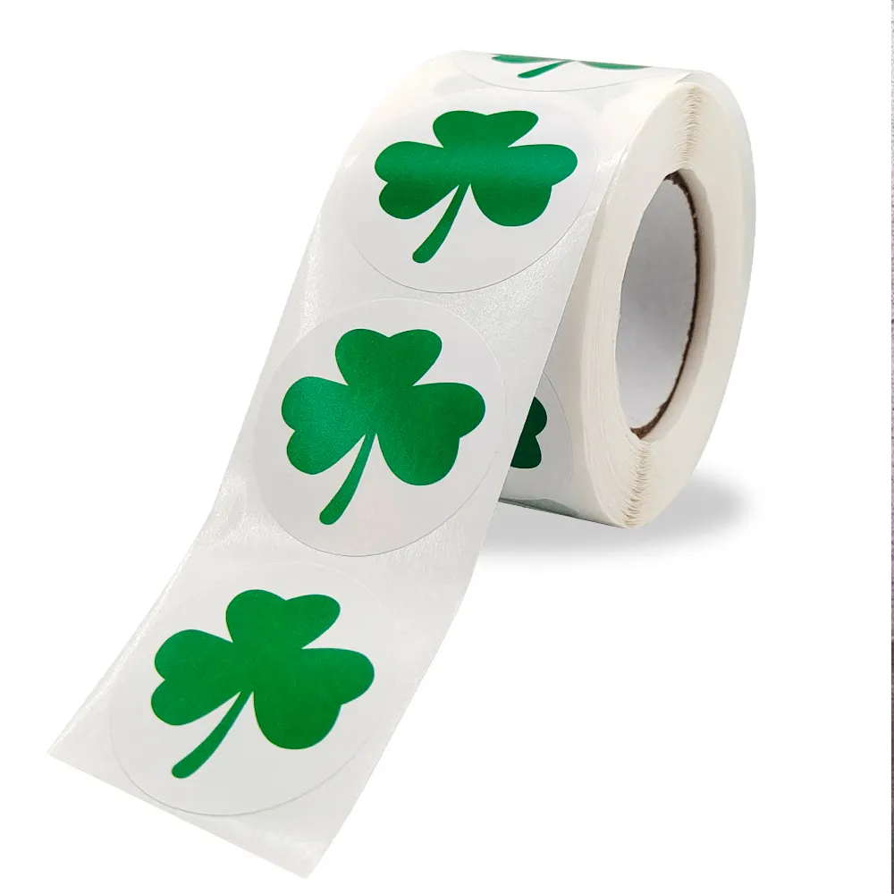 500 Pcs St Patricks Day Shamrock Stickers Roll Lucky Irish Green Clover Stickers for Party Decorations 1.5 Inch