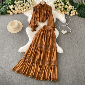 Traje de dos piezas <span class=keywords><strong>Blusa</strong></span> de manga farol <span class=keywords><strong>con</strong></span> cuello levantado y ribete de encaje para mujer + Conjunto de <span class=keywords><strong>falda</strong></span> escalonada de cintura alta-Conjunto elegante de dos piezas para mujer - Product Image 5