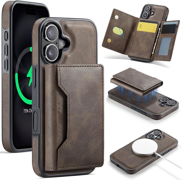 Factory Manufacturer Wholesale 2-in-1 Detachable Magnetic Wallet Phone Case Genuine Leather Trifold Card Holder RFID Blocking