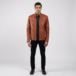 High Quality Men's Genuine Leather Zipper Jacket Round Neck Casual High Street Style Breathable Adults Wholesale Price Winter - Product Image 1