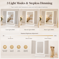 Miroir de maquillage à LED pliable en trois parties, miroir de vanité avec lumières, 3 températures de couleur, variateur tactile, miroir cosmétique pliable pour bureau