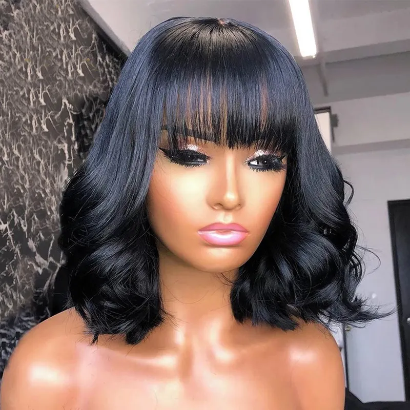 Cuticle Lace Front Bob Human Hair Wigs with Bangs Pre Plucked Brazilian Virgin Hair Wavy Wig 4X4 Lace Closure Wigs