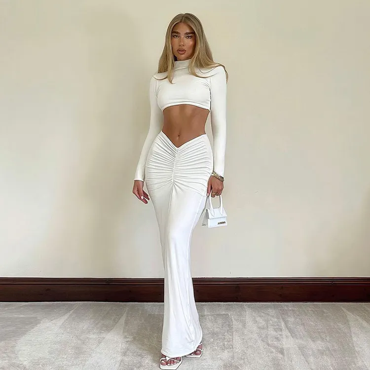 Fast Dispatch Tight White Long Sleeve Crop Tops Lounge Suits Elegant Ruched Maxi Skirt Two Piece Set Women Clothing