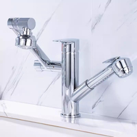 Keran Wastafel Kamar Mandi Mewah Kontemporer Model Persegi, Pemasangan di Dinding, Satu Lubang, Dua Gagang, Bahan Kuningan, Inti Katup Keramik, Dilengkapi Spray Gun