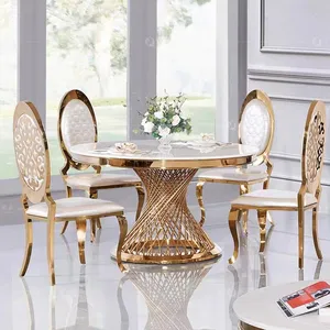 High Quality Restaurant Luxury Dining Table Marble Stone Top Design Round Modern Table Chairs Set Stainless Steel Dining Table