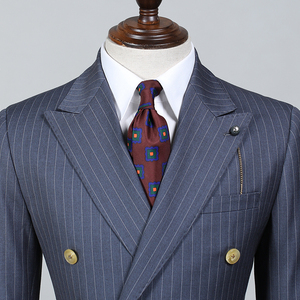 Abito da <span class=keywords><strong>uomo</strong></span> con risvolto a punta in lana classica a righe <span class=keywords><strong>blu</strong></span> <span class=keywords><strong>Navy</strong></span> Casual 2 pezzi doppiopetto - Product Image 3