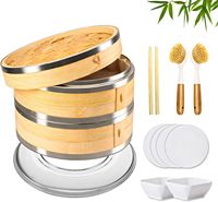 Panier vapeur 2 niveaux en bambou naturel 10 pouces, écologique, capacité 6L, compatible gaz et induction, avec doublures pour ensemble de cuisson vapeur de raviolis