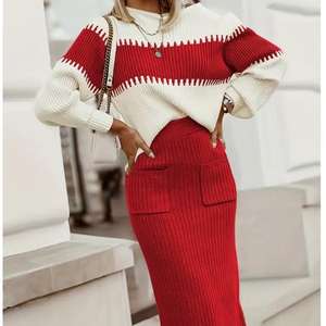 Pullover Colorblock Knit Sweater Slim Half Body <b>Skirt</b> Women's 2 Piece Set Fashion - Product Image 3