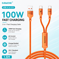 SAMZHE Cable de Datos USB-A 2 en 1 Trenzado Naranja de 1.5m, Cable de Carga Rápida Tipo-C PD100W 6A para iPhone 17/16, iPad, Samsung, Uso en Coche