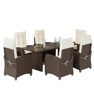 Brown Poly Rattan Garden Dining Set 6 Seater With <b>Backrest</b> Outdoor Furniture Contemporary Style - Product Image 1