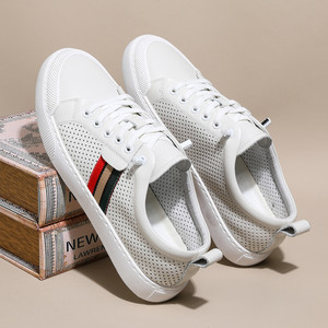 White Hollow-out Men's <b>Sneakers</b> Top Layer Cowhide <b>Leather</b> Breathable Low Heel EVA Midsole Rubber Outsole Daily Wear - Product Image 4
