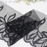 Bordure en dentelle de luxe avec perles et broderie, 17 cm, en filet noir doux, broderie florale et sequins, pour Abaya et robe de soirée haute couture