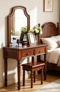 Classic Curved Frame Solid Wood Dressing Table Set 3 <b>Drawers</b> <b>Walnut</b> Bedroom Makeup Vanity Desk With Stool - Product Image 3