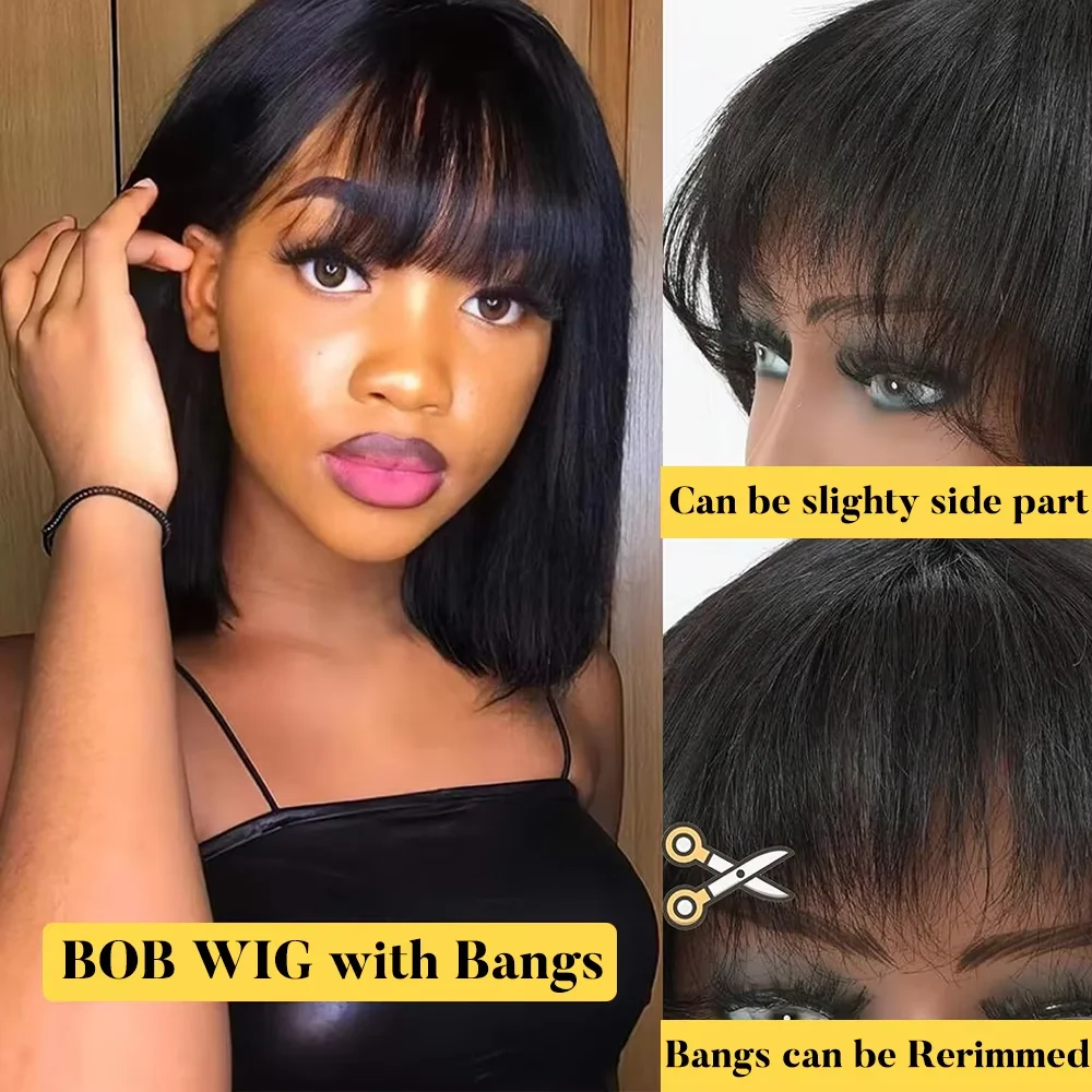 Human Hair lace frontal Bob Wig with bangs- nature color