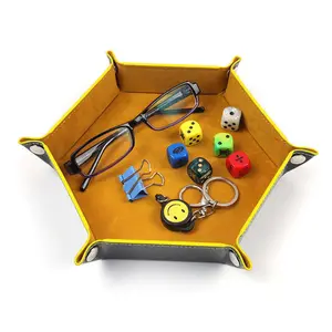 Leather Folding Velvet Hexagon Dice Tray Collapsible Rolling Board Game Storage Box Organizer Jewelry Storage Tray