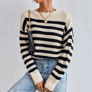 Fashion Sweater Striped Yarn Knitting Wool Loose Pullover Crewneck Knitwear <strong>Woolen</strong> For Women Casual <strong>Top</strong> - Product Image 3