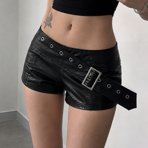 Pantalones de cuero ajustados de moda oscura con diseño de cinturón asimétrico y detalles elaborados, estilo Hot Girl, para baile, de corte ajustado, Hot Pants - Product Image 3